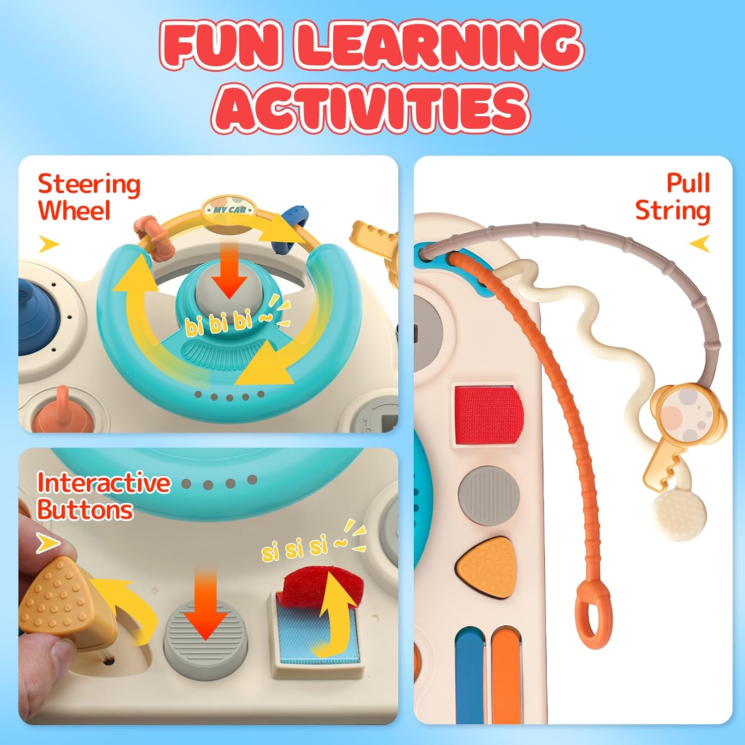 Fidtoy Busy Activity Steering Wheel Baby Pull String Toy for Toddlers – Montessori Sensory Travel Toy with Pull Strings, Bubbles, Buttons & Fine Motor Play