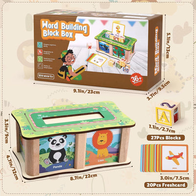 Fidtoy Wooden Word Building Block Box with Cards , Wooden Alphabet Blocks and Picture Cards Set with 27 Blocks, 20 Double-Sided Cards and Storage Box Ages 3+