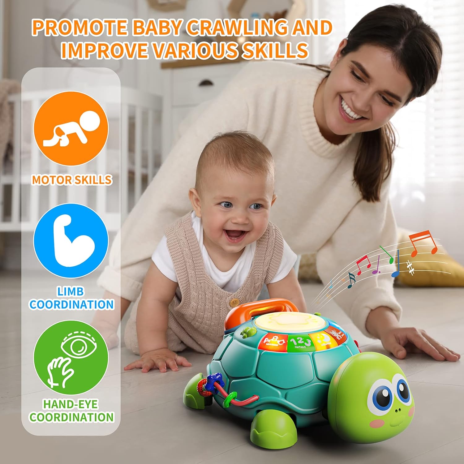 Fidtoy Tortue musicale rampante pour bébés – Jouet d'apprentissage interactif avec lumières et sons pour le temps sur le ventre et le développement précoce