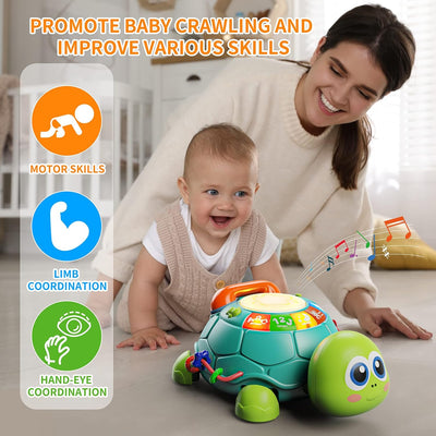 Fidtoy Tortue musicale rampante pour bébés – Jouet d'apprentissage interactif avec lumières et sons pour le temps sur le ventre et le développement précoce