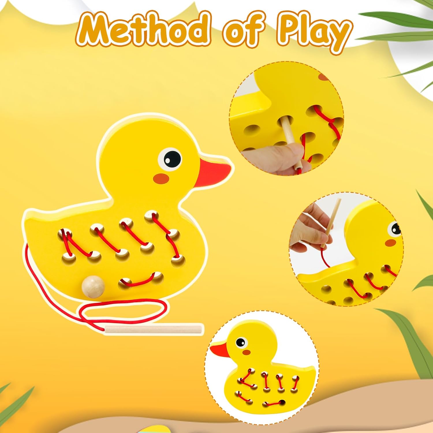 Fidtoy Wooden Lacing Toy Montessori Threading Toy for Toddlers Fine Motor Skills Apple Caterpillar Puzzle Travel Toy Educational Learning Toy Gift