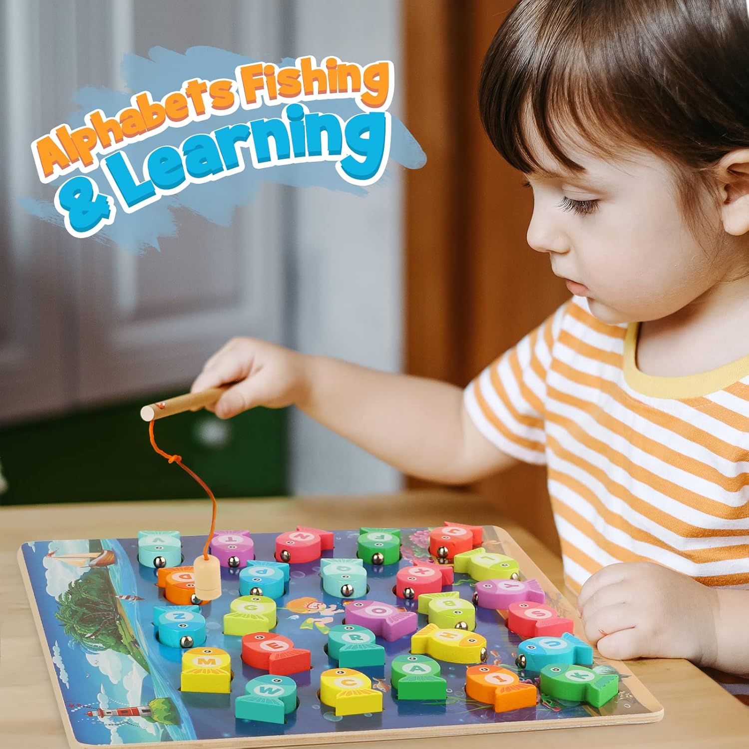 Jeu de pêche magnétique en bois Fidtoy pour tout-petits pour l'apprentissage des lettres et des couleurs