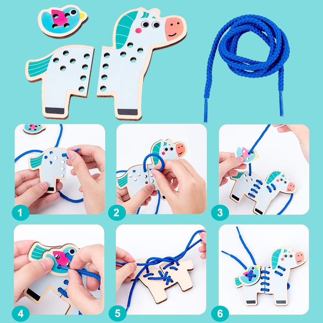 Promise Babe 5 tarjetas de animales de madera para ensartar, rompecabezas, juguetes de enhebrar Montessori, tarjetas de coser para niños pequeños, aprendizaje temprano, habilidades motoras finas, juguetes preescolares…