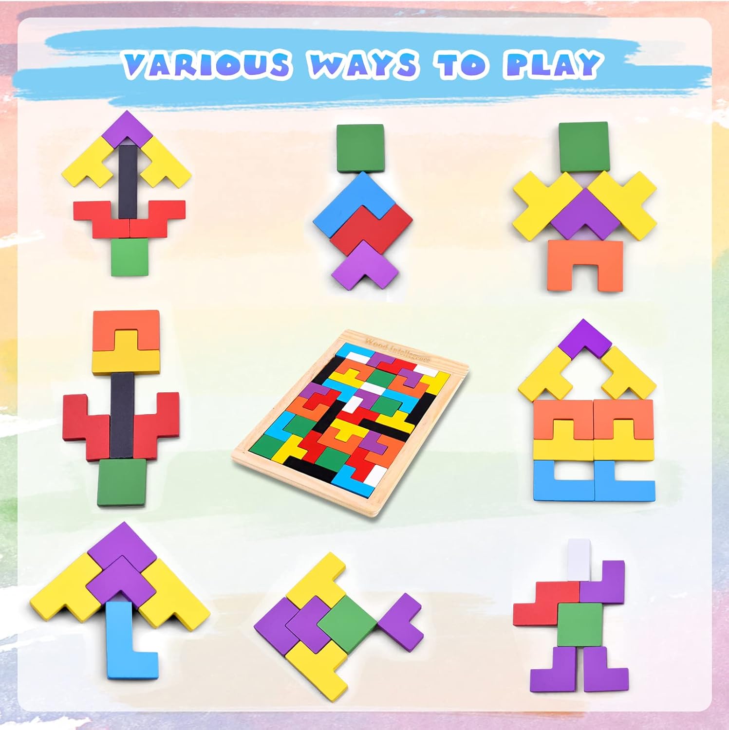 Fidtoy Casse-tête en Bois Blocs Russes, 40 Pièces Jeu de Construction en Bois Type Tetris avec Plateau, Tri de Formes Colorées Casse-tête pour le Raisonnement Spatial et la Création de Motifs, Âge 3 ans et plus