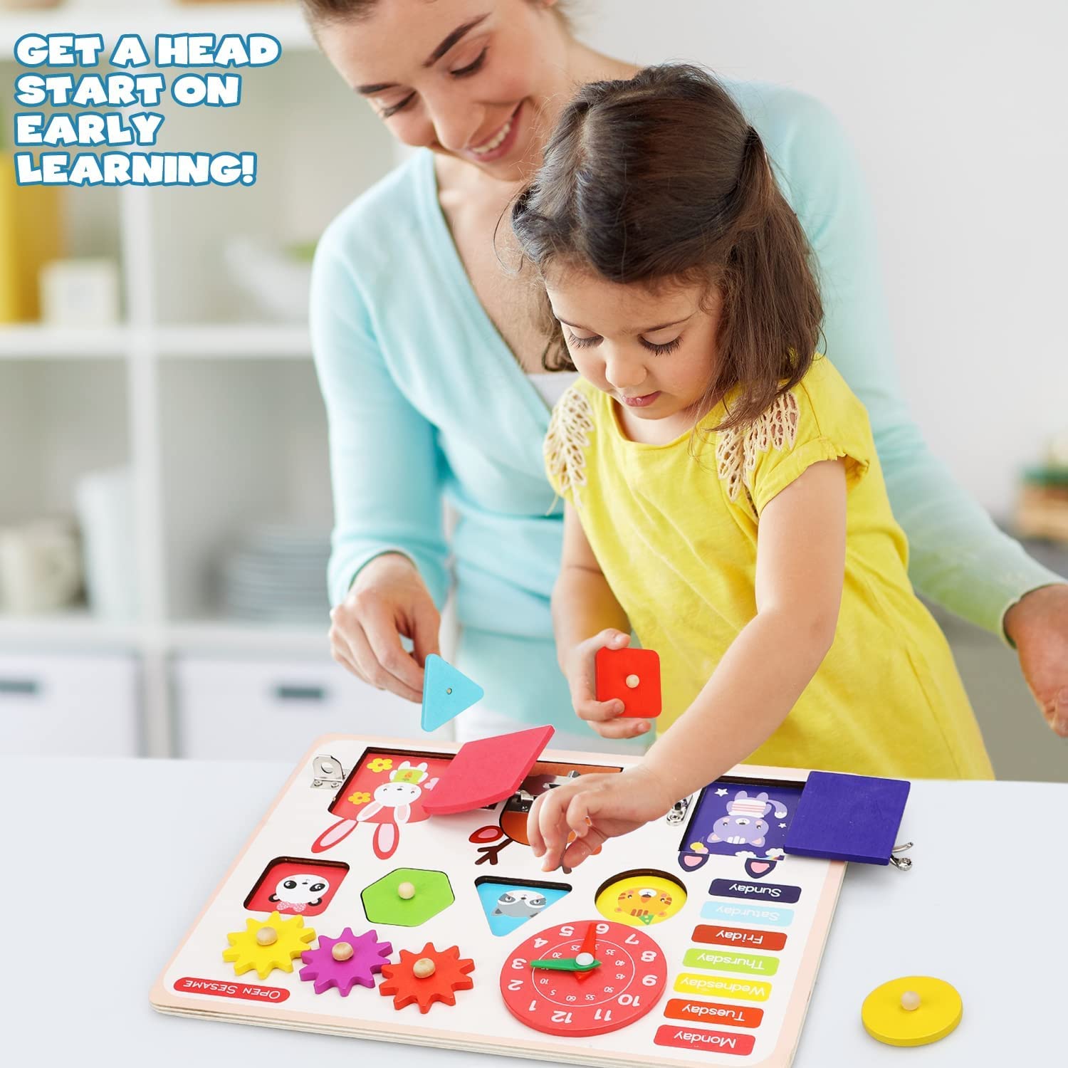 Fidtoy Tablero de Actividades de Madera con Cerraduras, Reloj y Puzles de Formas