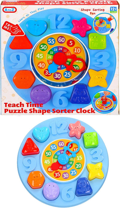Fidtoy Teach Time Learning Clock Toy for Kids, Plastic Manual Time-Telling Clock with Number Learning and Shape Sorting Activity, 10.24 Inch Educational Toy