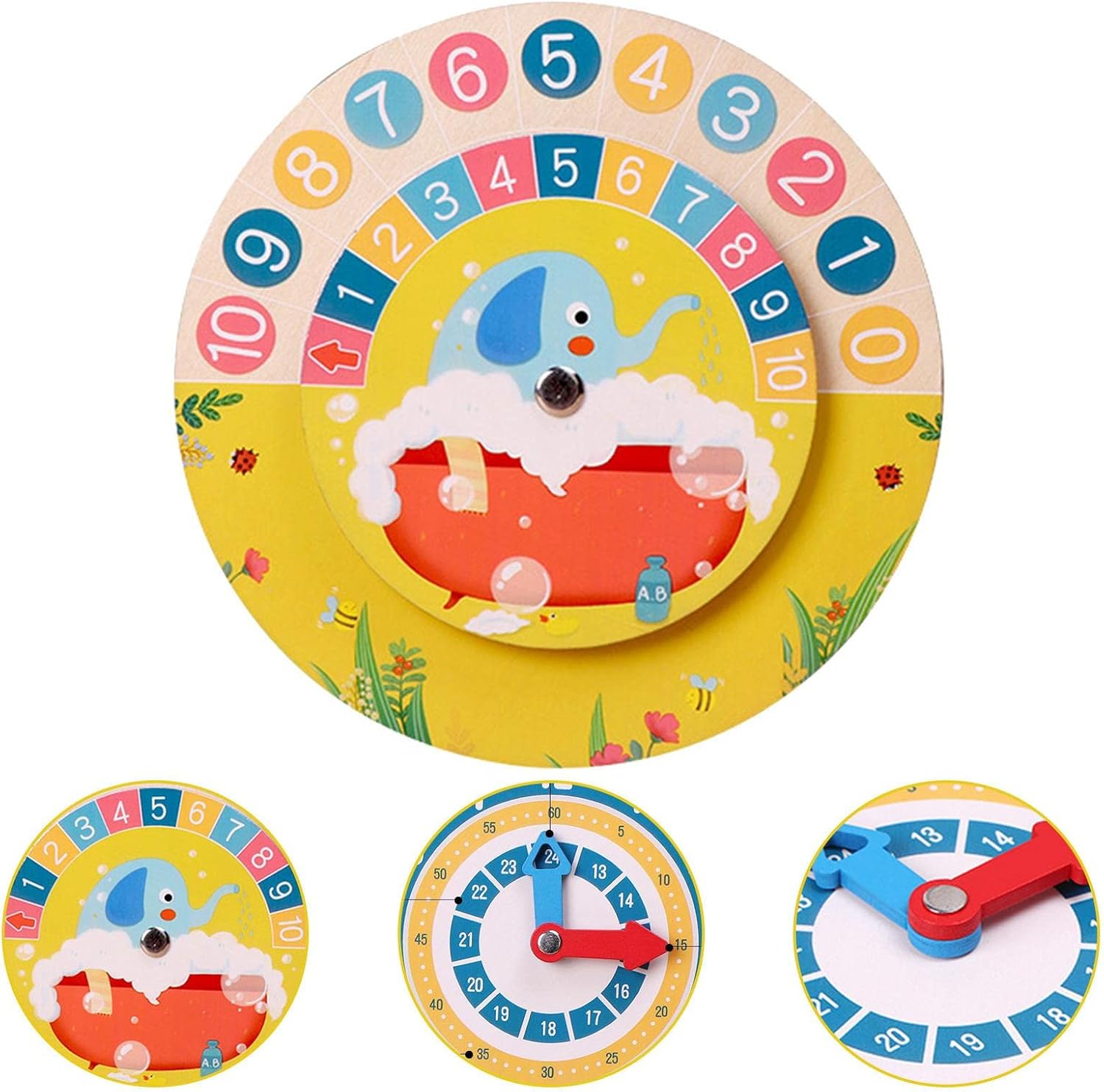 Fidtoy Horloge éducative Montessori double face en bois pour l'apprentissage de l'heure et des mathématiques pour enfants à partir de 3 ans
