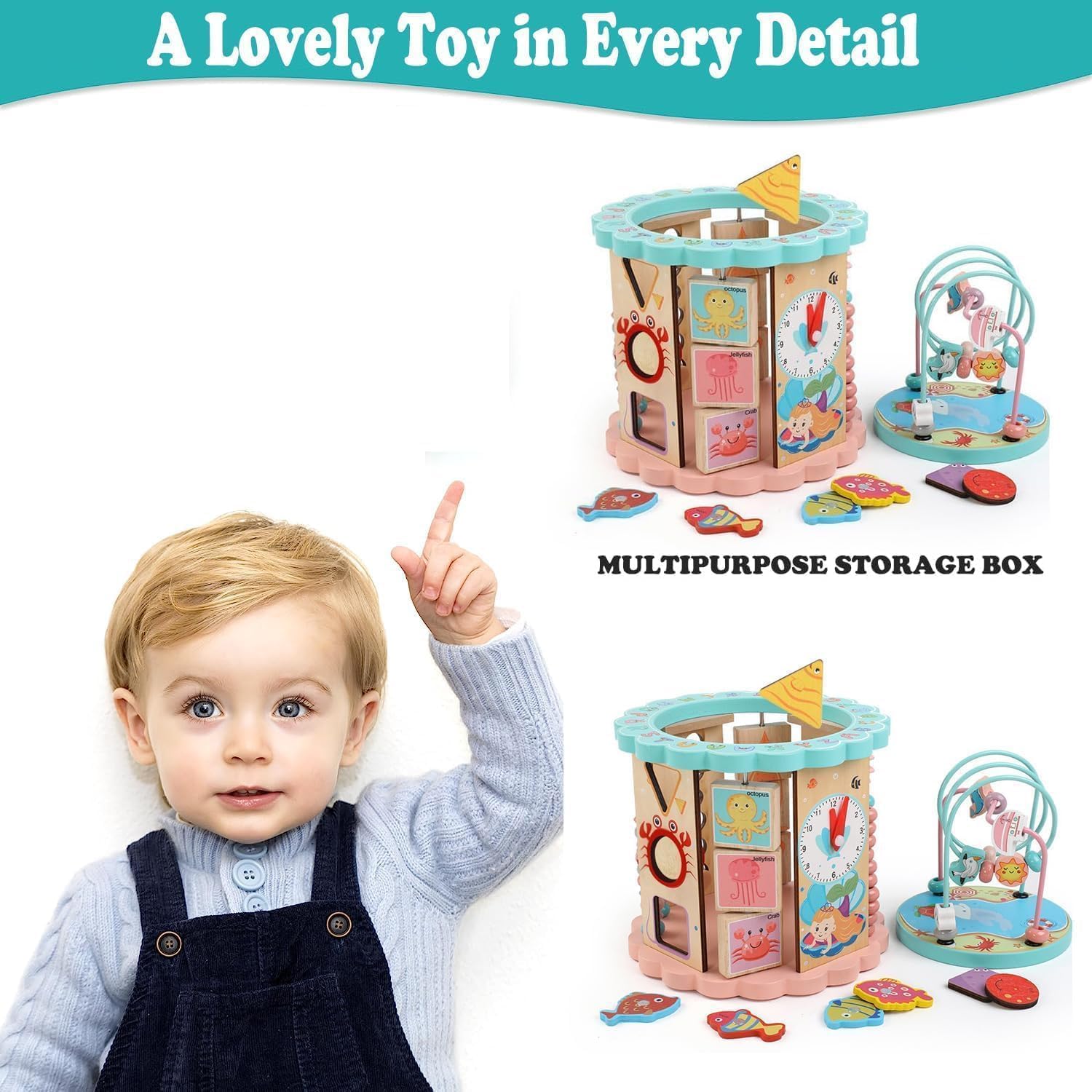 Cube d'activités en bois 8-en-1 Fidtoy – Jouet d'apprentissage Montessori multi-activités pour les tout-petits