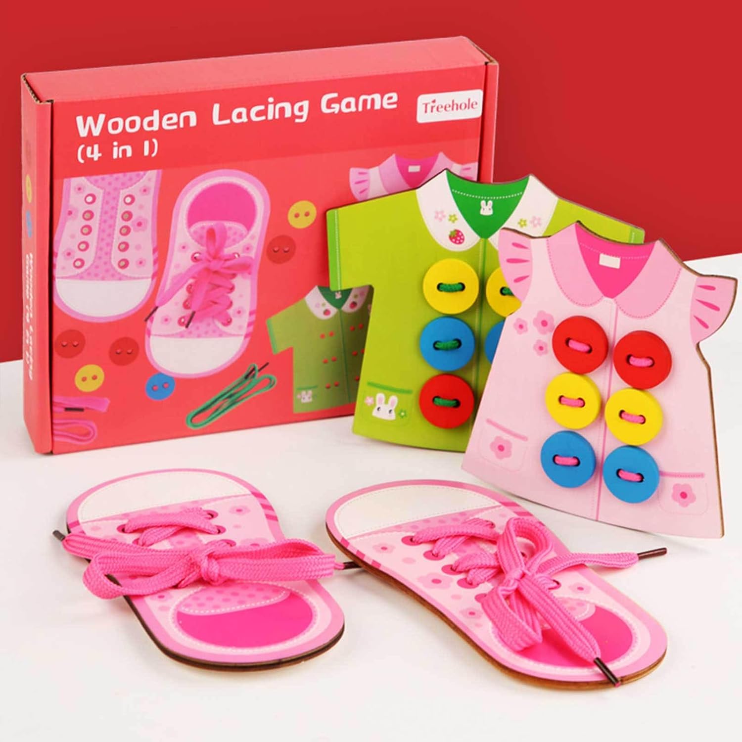 Juguete para practicar a atarse los zapatos | Juguete de madera para ensartar 4 en 1 | Juguete de enhebrado para coordinación mano-ojo, preescolar educativo, niñas, niños