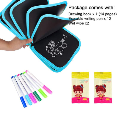 Fidtoy Livre de Dessin Réutilisable pour Enfants – Cahier de Gribouillage Effaçable avec Marqueurs Lavables, Tablette de Dessin Portable pour Voyage, Thème Dinosaure et Pratique d'Écriture Créative