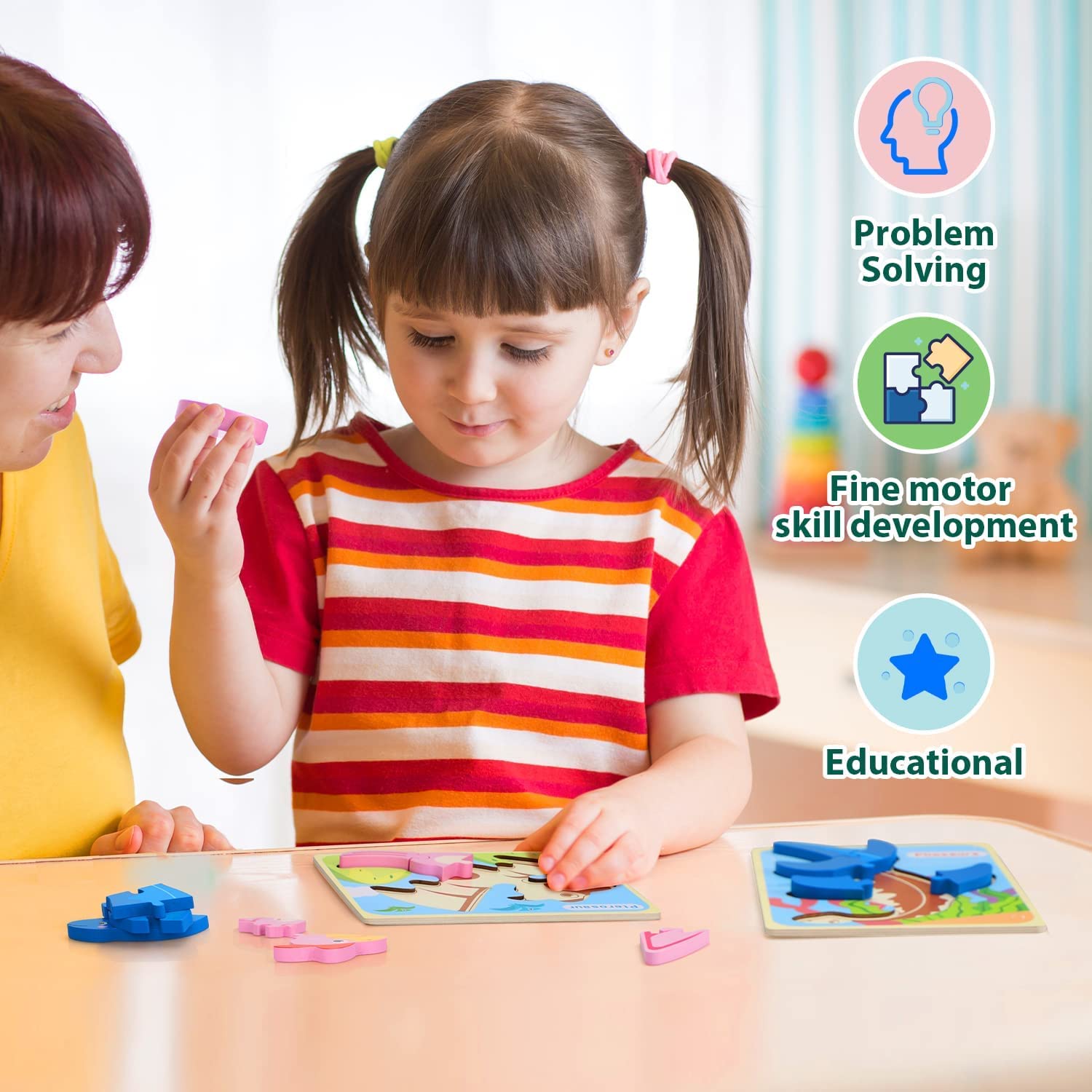 Set de rompecabezas de madera de dinosaurios Fidtoy para niños, juguete de aprendizaje temprano