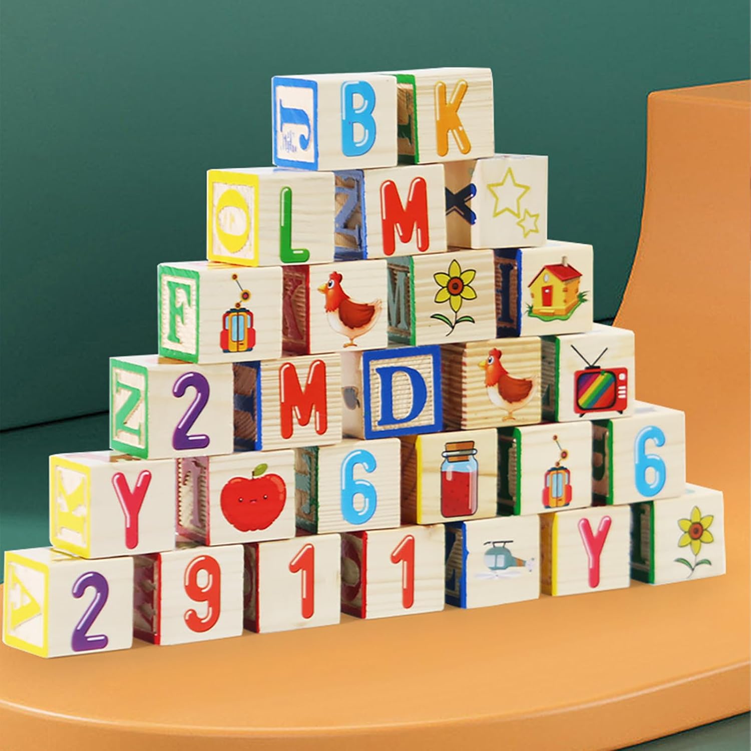 Fidtoy Wooden Word Building Block Box with Cards , Wooden Alphabet Blocks and Picture Cards Set with 27 Blocks, 20 Double-Sided Cards and Storage Box Ages 3+