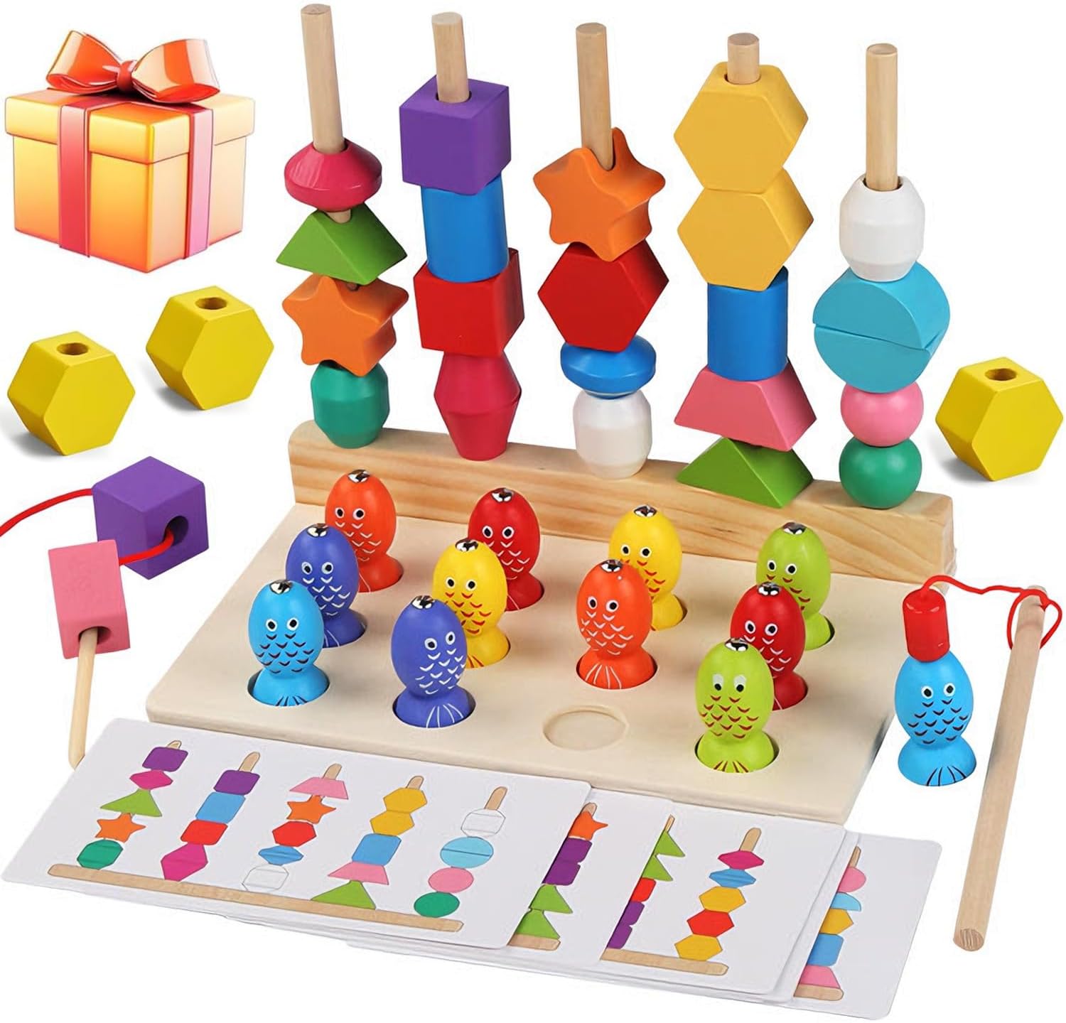 Jeu de laçage et de pêche avec cinq ensembles de colonnes de formes en bois - 003