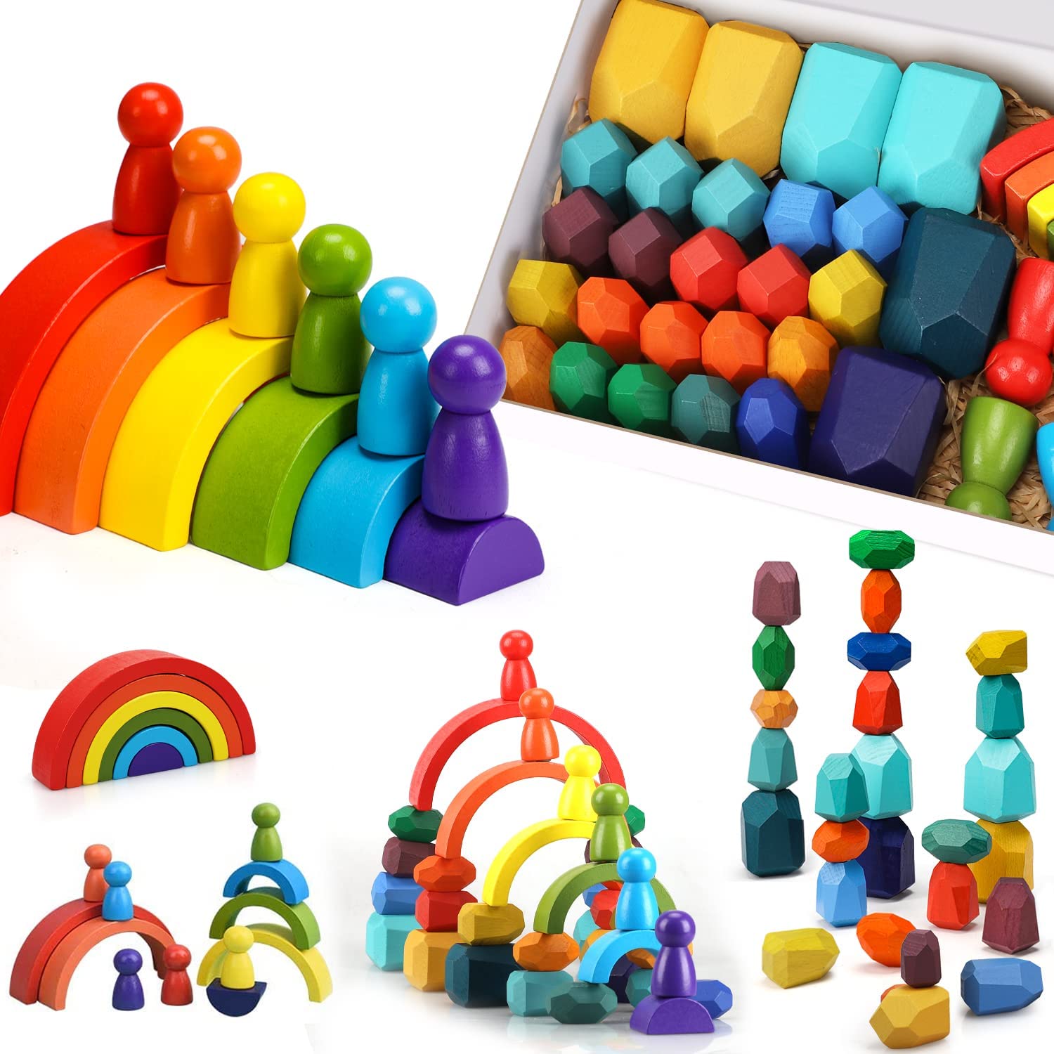 Fidtoy Wooden Rainbow Stacking Toy Set for Babies and Toddlers