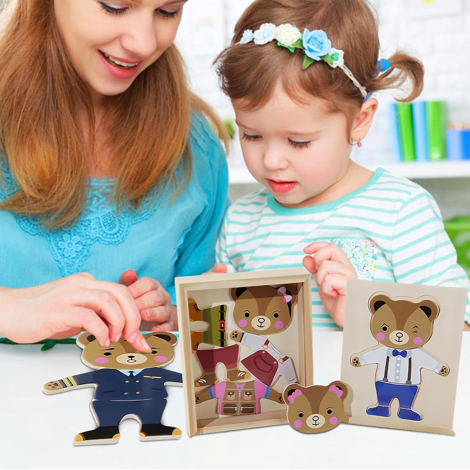 Puzle de la familia de osos para vestir, disfraz de familia de osos de madera, juego de cambio de ropa, puzle de clasificación y emparejamiento, conjunto de cambio de ropa divertido de madera para