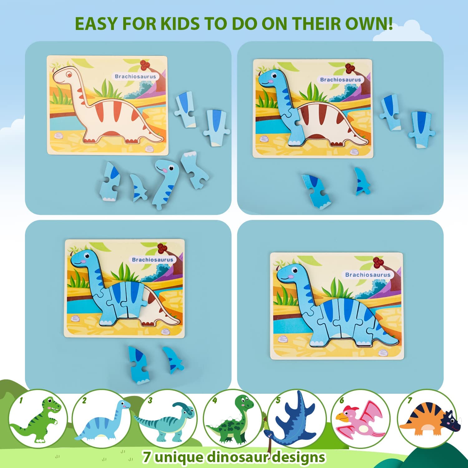 Set de rompecabezas de madera de dinosaurios Fidtoy para niños, juguete de aprendizaje temprano