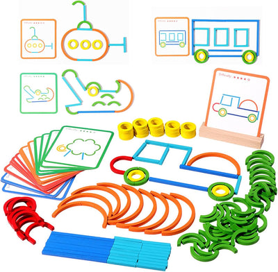 Fidtoy Wooden Sticks and Rings Pattern Matching Puzzle Cards Montessori Fine Motor Memory Toy for Kids Ages 3 to 8