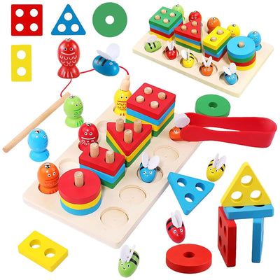 Fidtoy 3 en 1 Kit d'Activités Abeilles et Pêche Magnétique Formes à Colonnes, Jouet en Bois de Tri des Formes et de Développement de la Motricité Fine pour les Enfants de 2 à 6 Ans