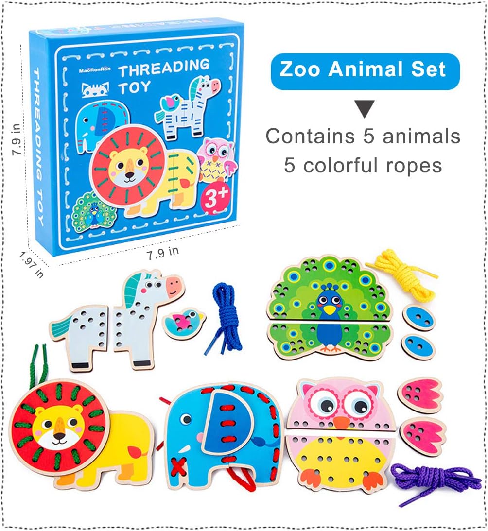 Promise Babe 5 tarjetas de animales de madera para ensartar, rompecabezas, juguetes de enhebrar Montessori, tarjetas de coser para niños pequeños, aprendizaje temprano, habilidades motoras finas, juguetes preescolares…