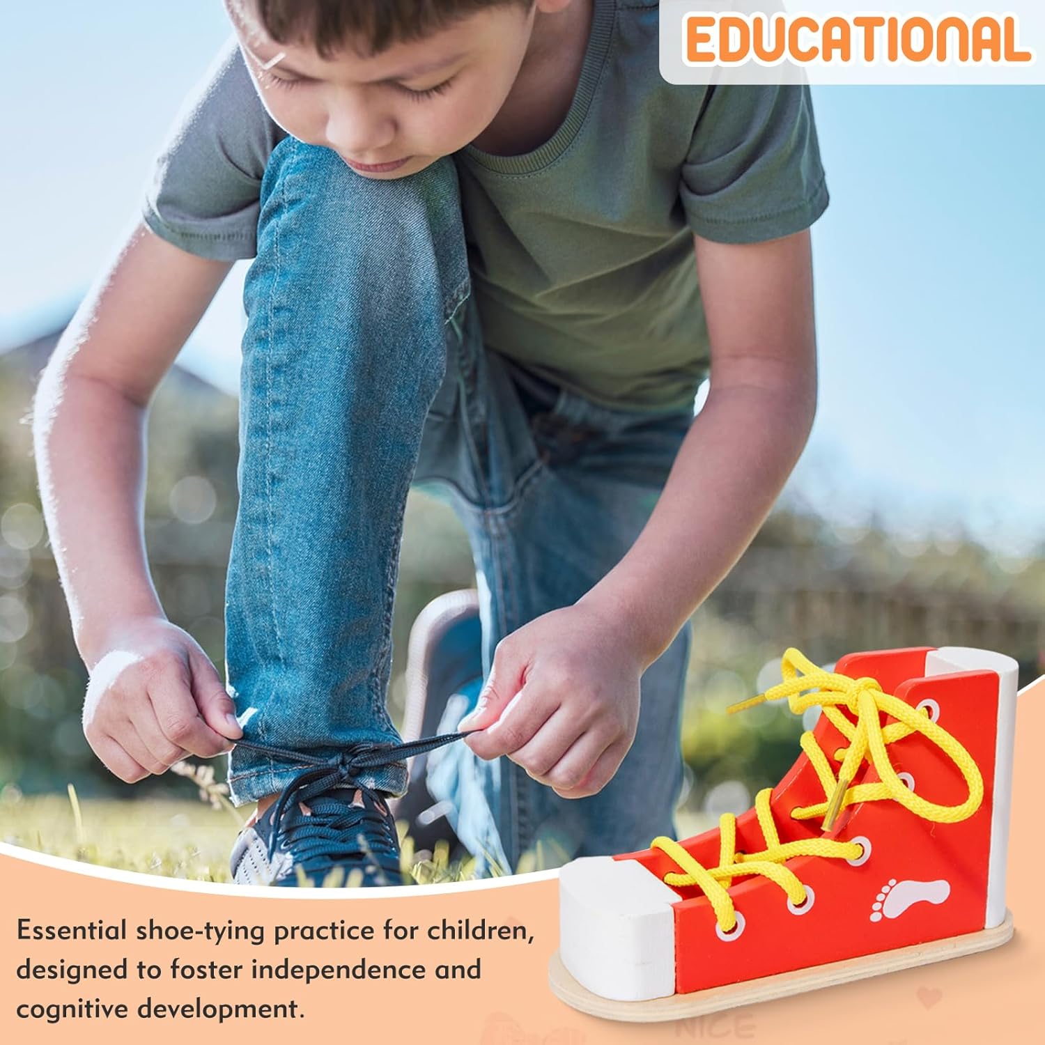 Shoe Tying Practice for Kids, Red Shoe Tie Practice for Kids Threading Lacing Shoes Training, Wooden Learn to Tie Shoes Basic-Life-Skills