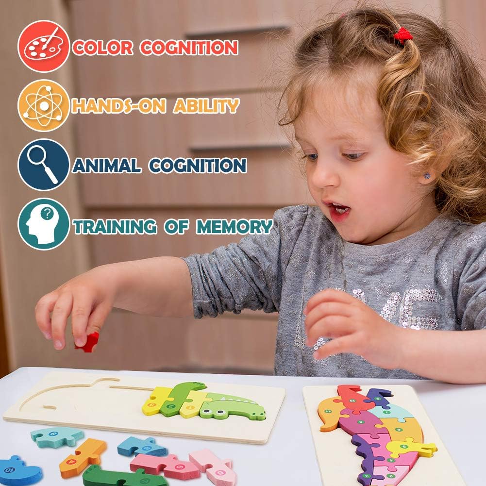 Fidtoy Plateau de puzzle 3D en bois crocodile, Plateau d'animaux en bois pour tout-petits, Puzzle d'association préscolaire, Jouet de reconnaissance des couleurs motricité fine pour les 2-6 ans