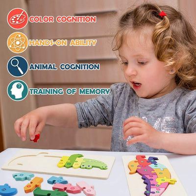 Fidtoy 3D Wooden Crocodile Puzzle Board, Wooden Animal Board for Toddlers, Preschool Matching Puzzle, Fine Motor Color Recognition Toy Ages 2-6
