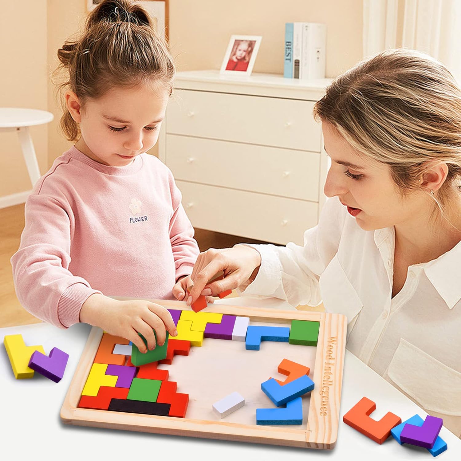 Fidtoy Casse-tête en Bois Blocs Russes, 40 Pièces Jeu de Construction en Bois Type Tetris avec Plateau, Tri de Formes Colorées Casse-tête pour le Raisonnement Spatial et la Création de Motifs, Âge 3 ans et plus