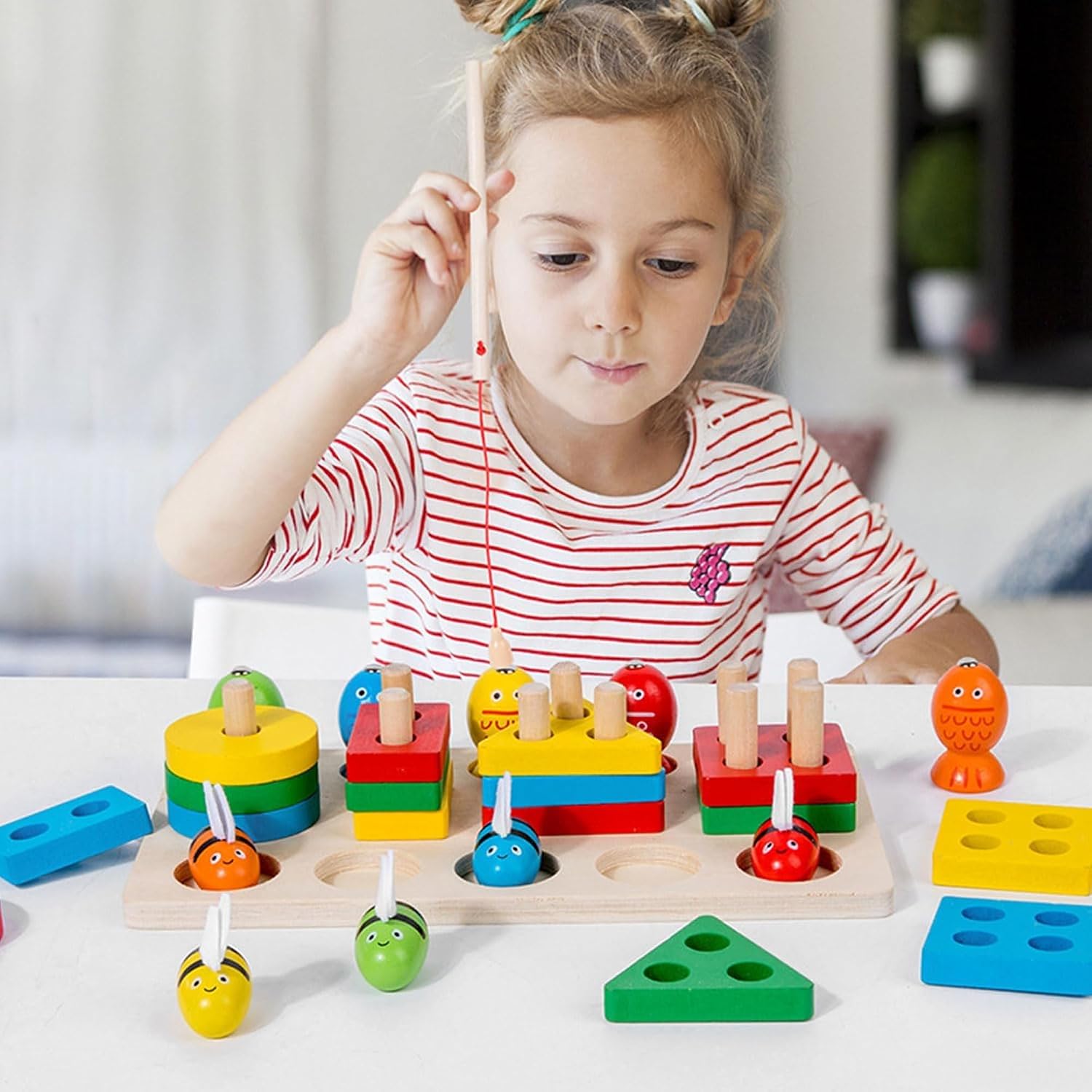 Fidtoy 3 en 1 Kit d'Activités Abeilles et Pêche Magnétique Formes à Colonnes, Jouet en Bois de Tri des Formes et de Développement de la Motricité Fine pour les Enfants de 2 à 6 Ans