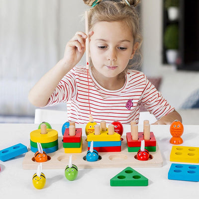 Fidtoy 3 en 1 Kit d'Activités Abeilles et Pêche Magnétique Formes à Colonnes, Jouet en Bois de Tri des Formes et de Développement de la Motricité Fine pour les Enfants de 2 à 6 Ans