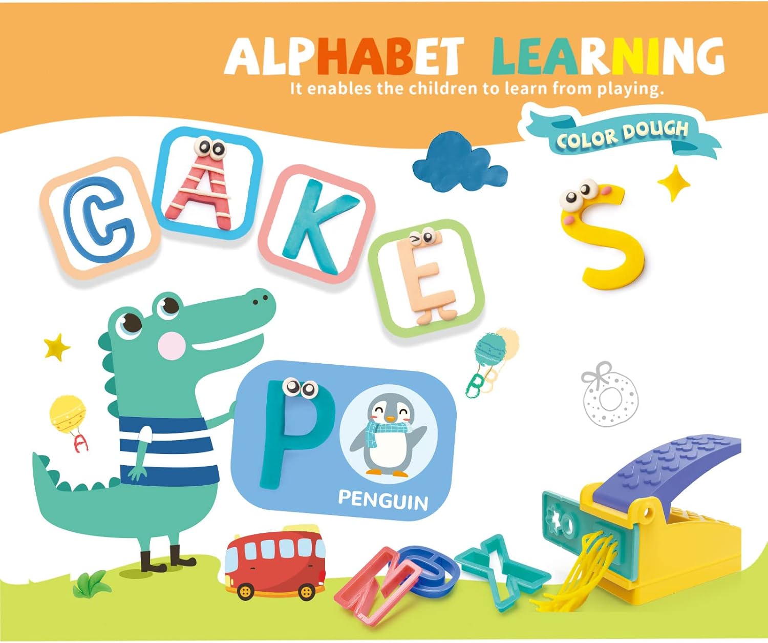 Fidtoy - Kit de Pâte à Modeler Alphabet pour Enfants, Ensemble de Pâte à Modeler Réutilisable avec Moules de Lettres, Jouet d'apprentissage ABC pour les 3 ans et plus