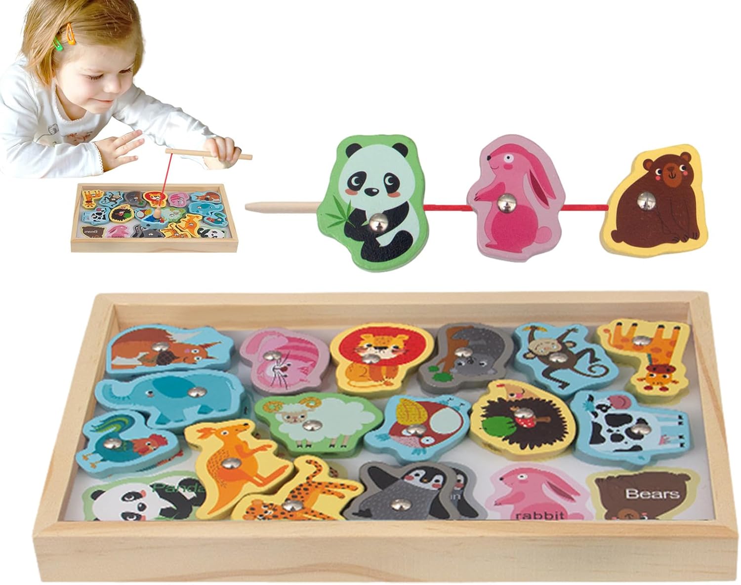 Juguetes de pesca de madera, juego de pesca magnético 2 en 1 seguro e inofensivo - Juego de pesca Montessori sin bordes afilados Regalo de cumpleaños de Navidad para niños y niñas Hiyoyo