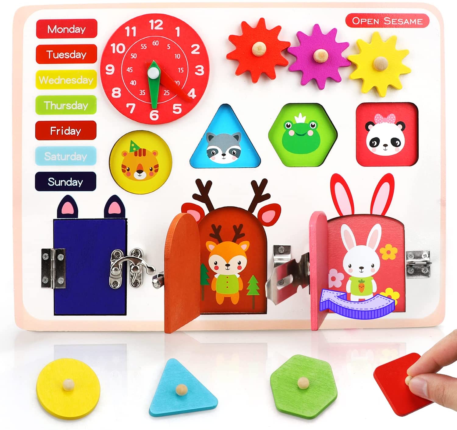 Fidtoy Tablero de Actividades de Madera con Cerraduras, Reloj y Puzles de Formas