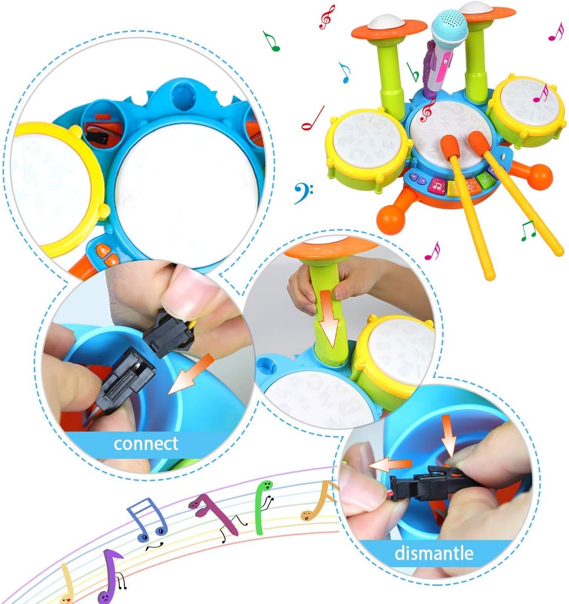 Fidtoy Batterie pour enfants avec microphone pour tout-petits – Instrument de musique avec lumières, sons et apprentissage interactif