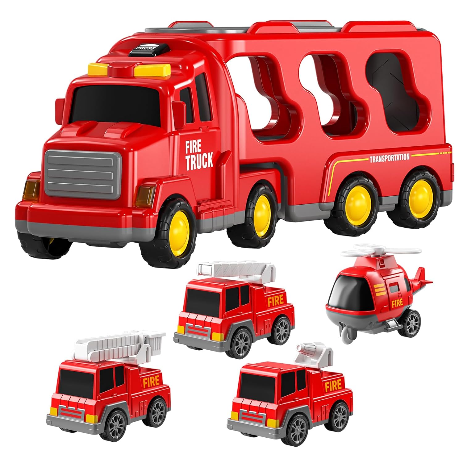 Camion de pompier Fidtoy 5-en-1 avec hélicoptère, échelle, lumières et sons pour enfants