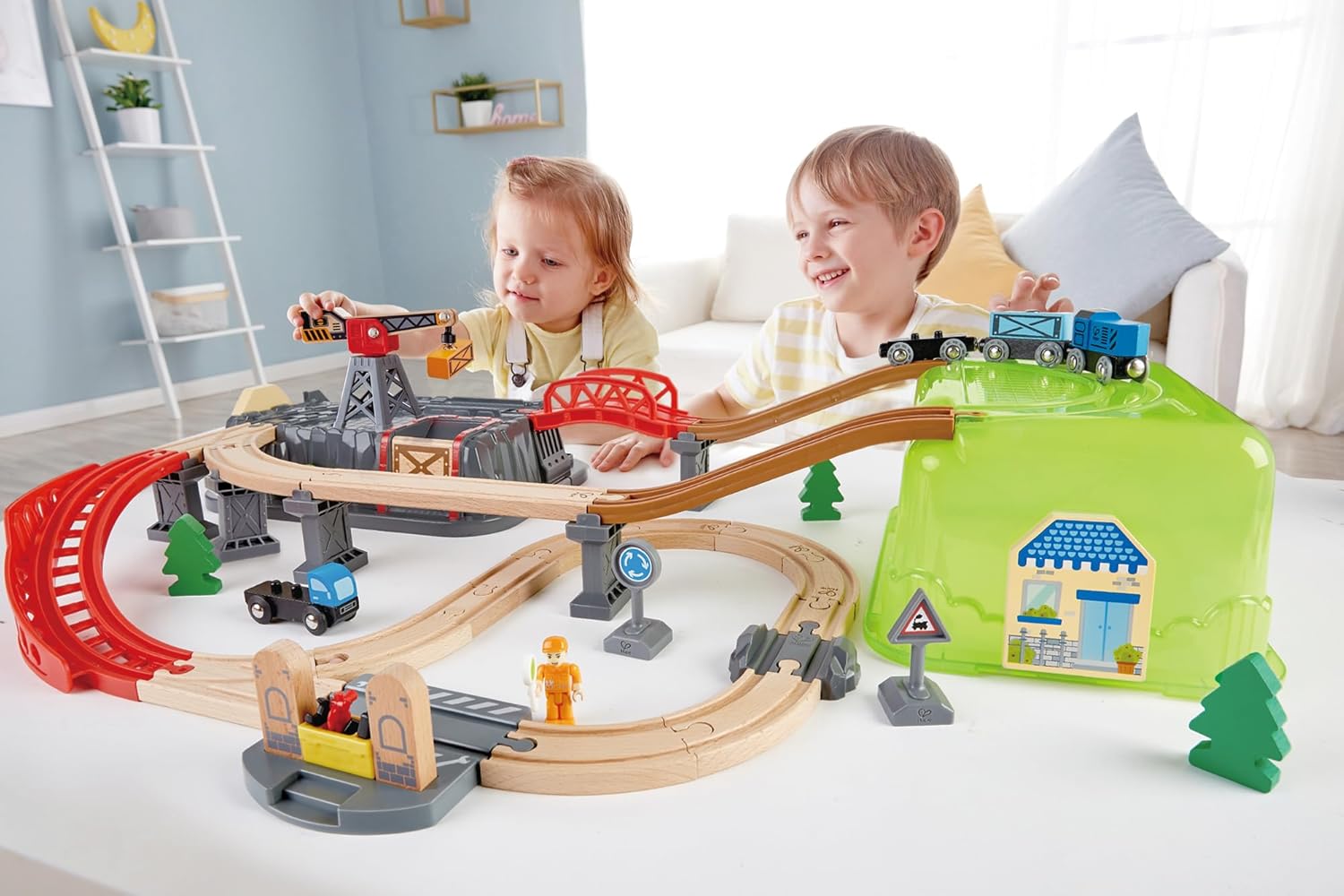 Fidtoy Wooden Railway Bucket Builder Train Set 50 Piece Toy