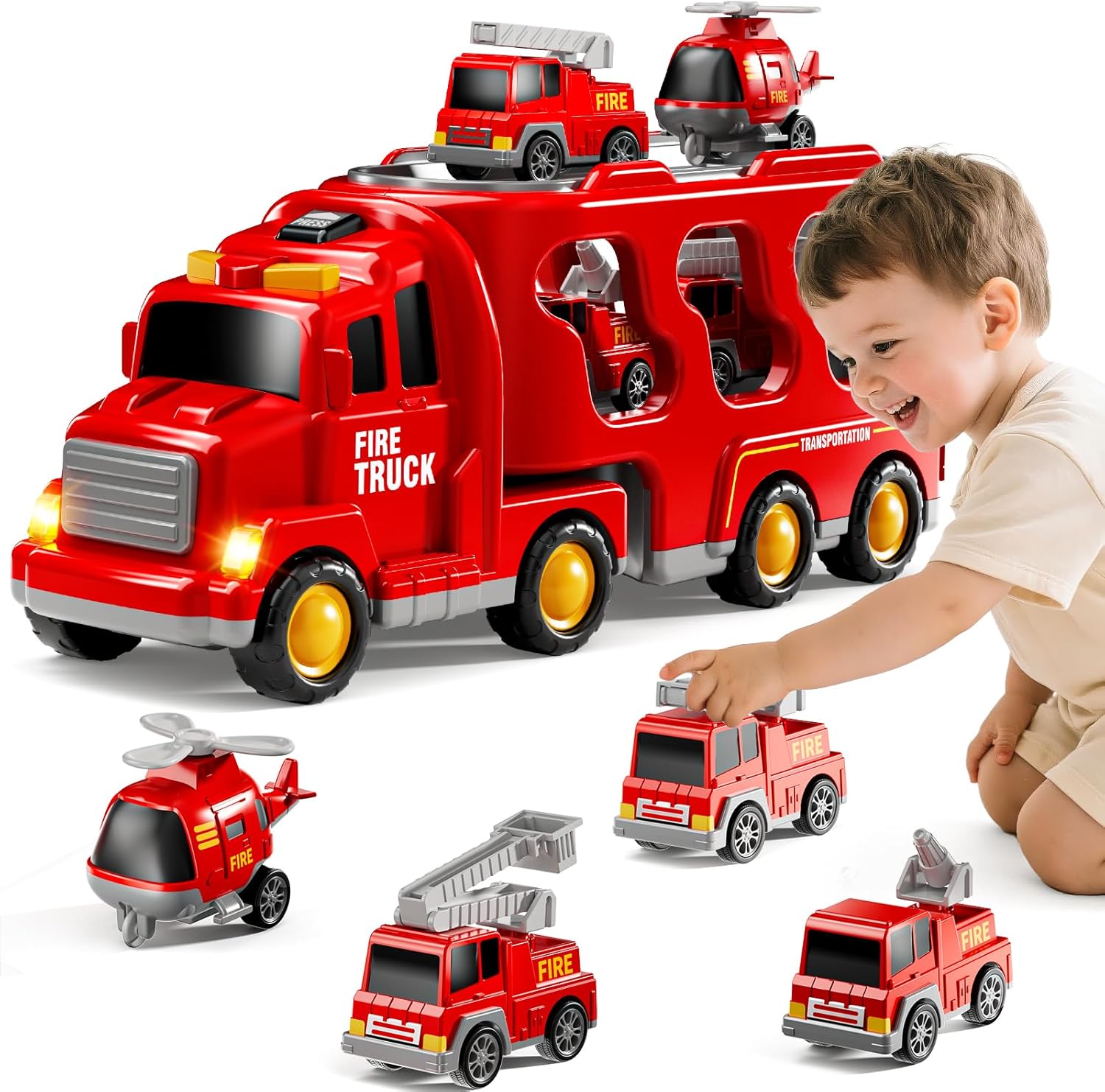 Camion de pompier Fidtoy 5-en-1 avec hélicoptère, échelle, lumières et sons pour enfants