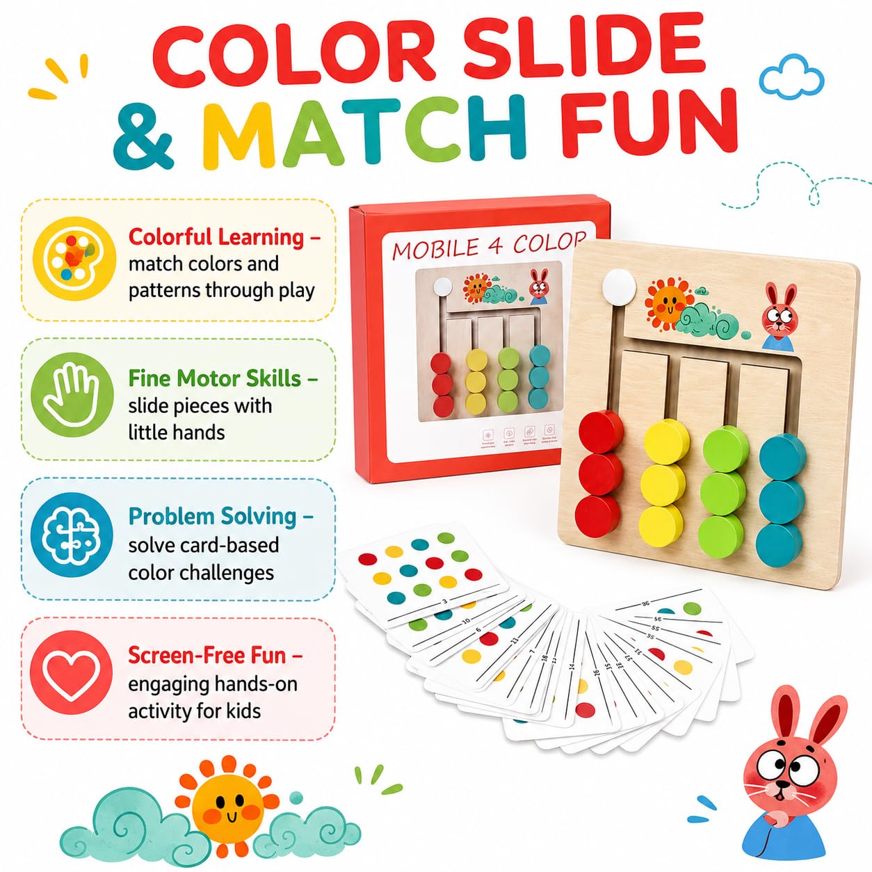 Fidtoy Small Wooden 4 Colour Logic Game for Kids Ages 3+, Compact Wooden Maze Puzzle with Sliding Shapes, Color Matching, Fine Motor Play and Problem Solving Learning Board