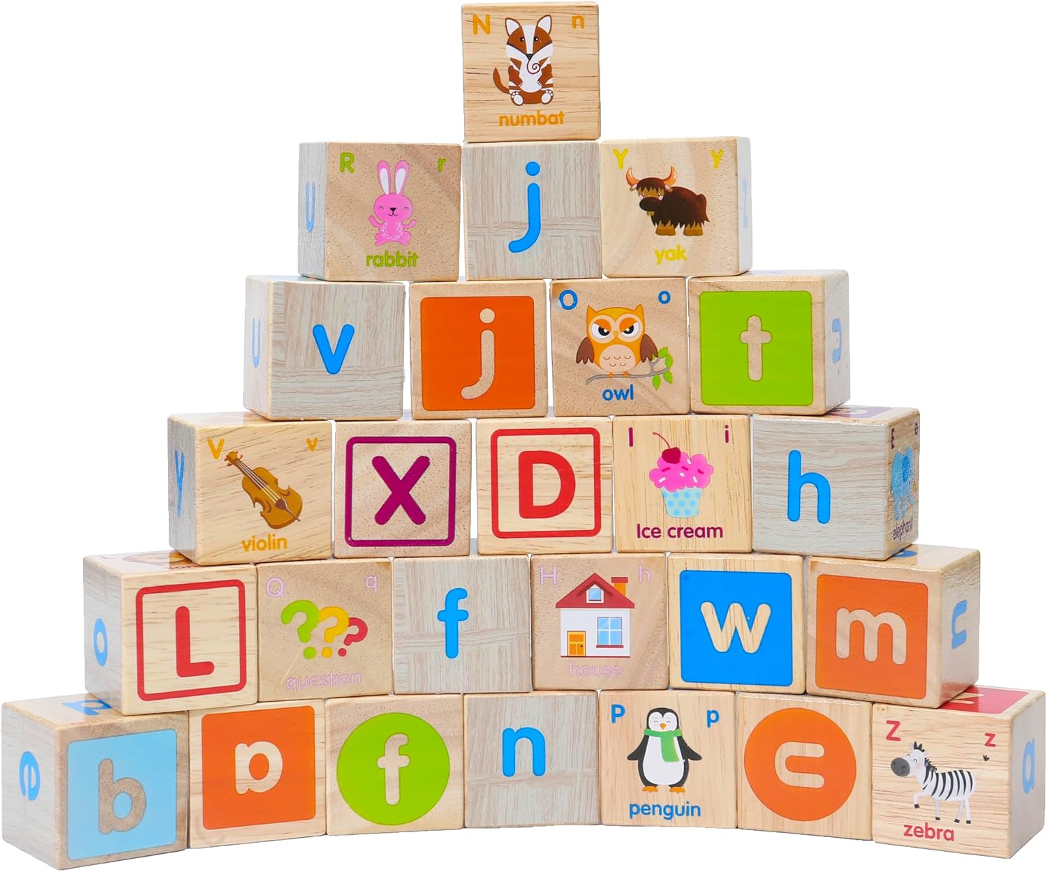 Fidtoy Blocs ABC en bois pour tout-petits, 26 pièces, alphabet avec lettres majuscules et minuscules, images, couleurs et sac de rangement, à partir de 24 mois