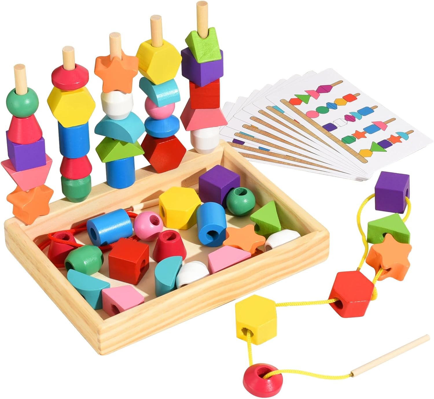 Fidtoy Montessori Jeu d'association de formes en bois, jouet de séquençage et d'enfilage pour les tout-petits