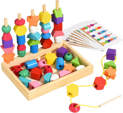 Fidtoy Montessori Jeu d'association de formes en bois, jouet de séquençage et d'enfilage pour les tout-petits