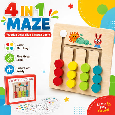Fidtoy Small Wooden 4 Colour Logic Game for Kids Ages 3+, Compact Wooden Maze Puzzle with Sliding Shapes, Color Matching, Fine Motor Play and Problem Solving Learning Board