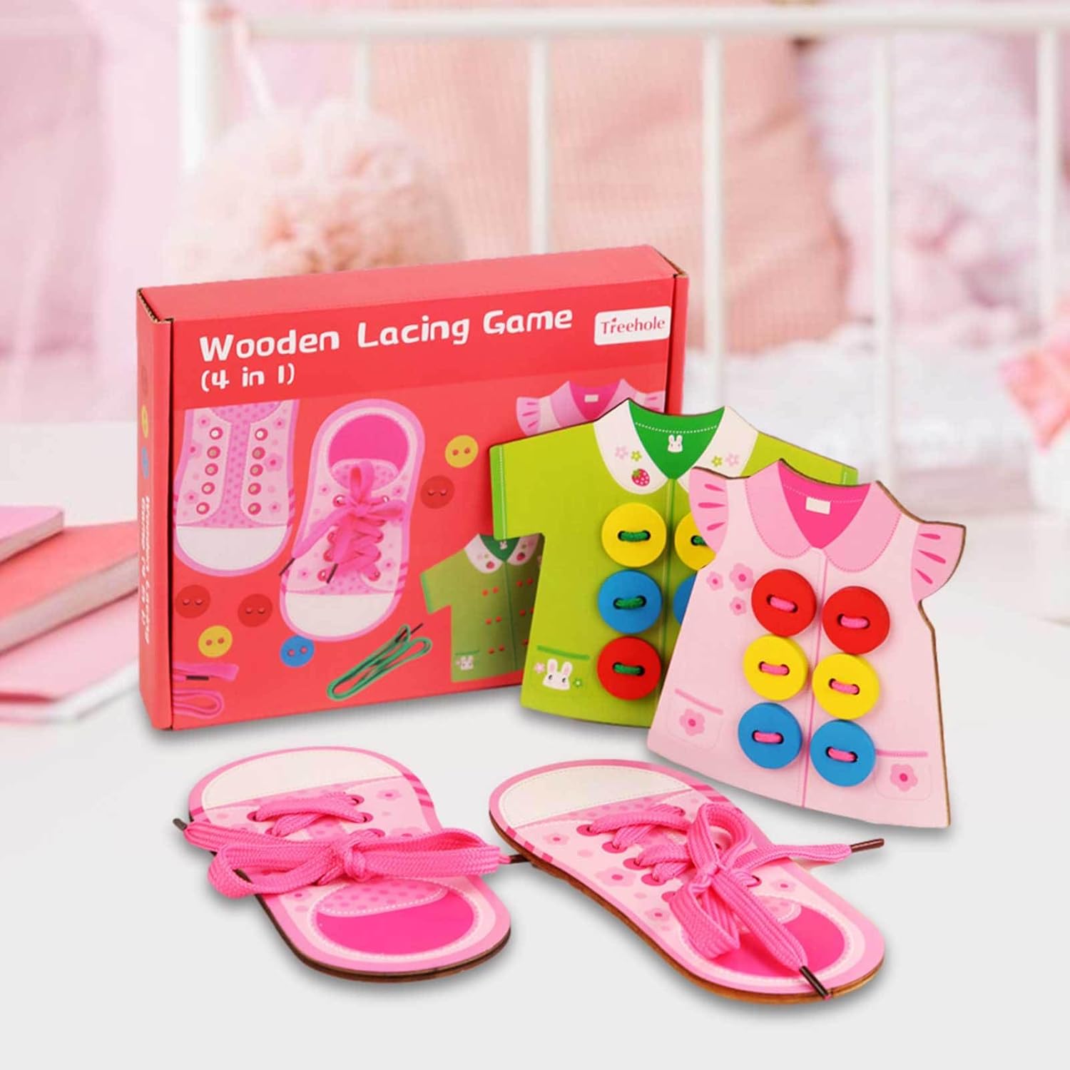 Juguete para practicar a atarse los zapatos | Juguete de madera para ensartar 4 en 1 | Juguete de enhebrado para coordinación mano-ojo, preescolar educativo, niñas, niños