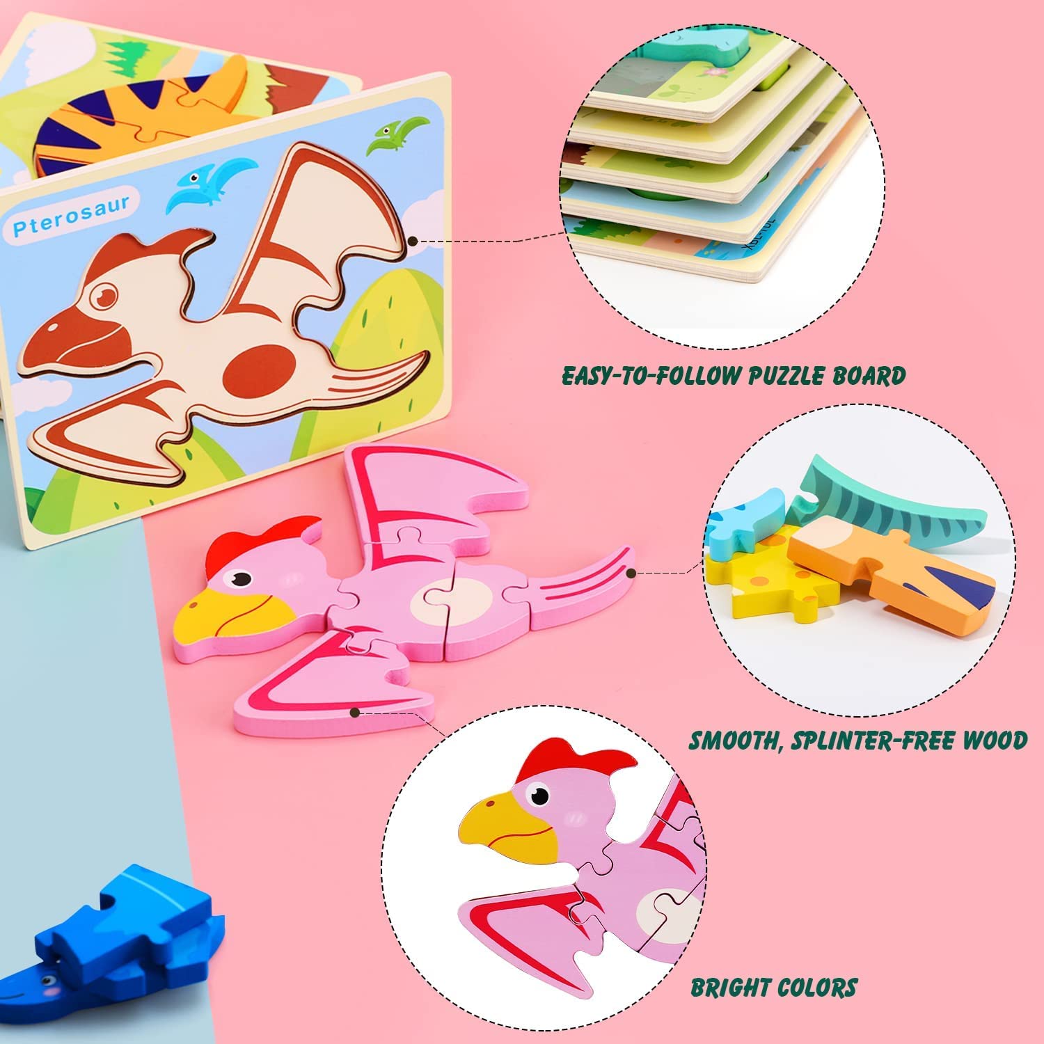 Set de rompecabezas de madera de dinosaurios Fidtoy para niños, juguete de aprendizaje temprano