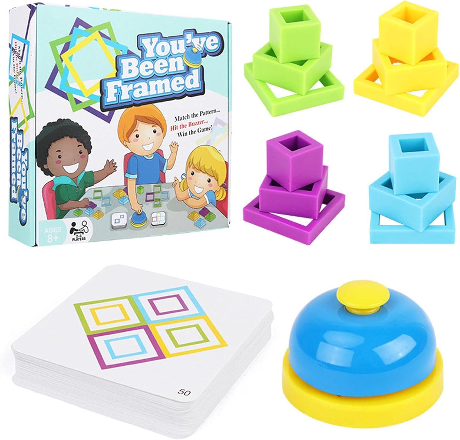 Fidtoy You Have Been Framed Intelligence Game, jeu de puzzle d'association de formes avec des cadres colorés, 50 cartes recto-verso et un buzzer, pour 2 à 4 joueurs à partir de 6 ans