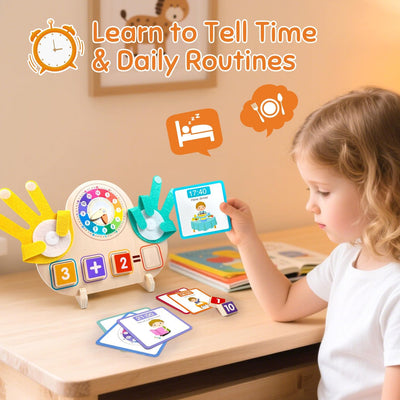 Jouet d'apprentissage Montessori mathématiques et horloge pour enfants de 3 à 5 ans, jouet éducatif en bois avec blocs numériques, aiguilles de comptage et cartes de routine – Apprenez l'addition
