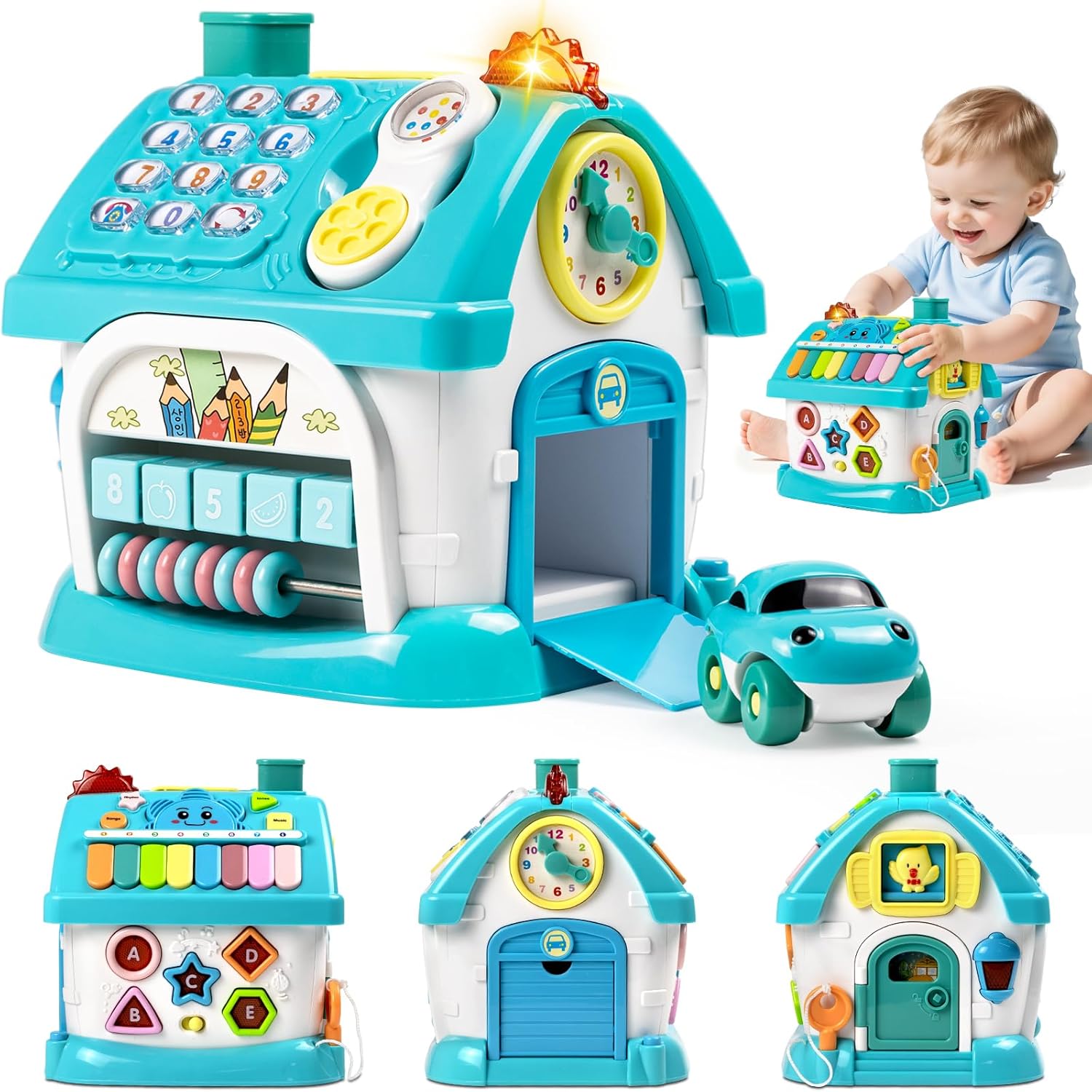 Fidtoy Dreaming Party Maison Musicale Jouet d'Éveil Musical 8-en-1 pour Tout-Petits avec Piano, Horloge, Téléphone, Fenêtres Animaux, Voiture, Formes et Chiffres