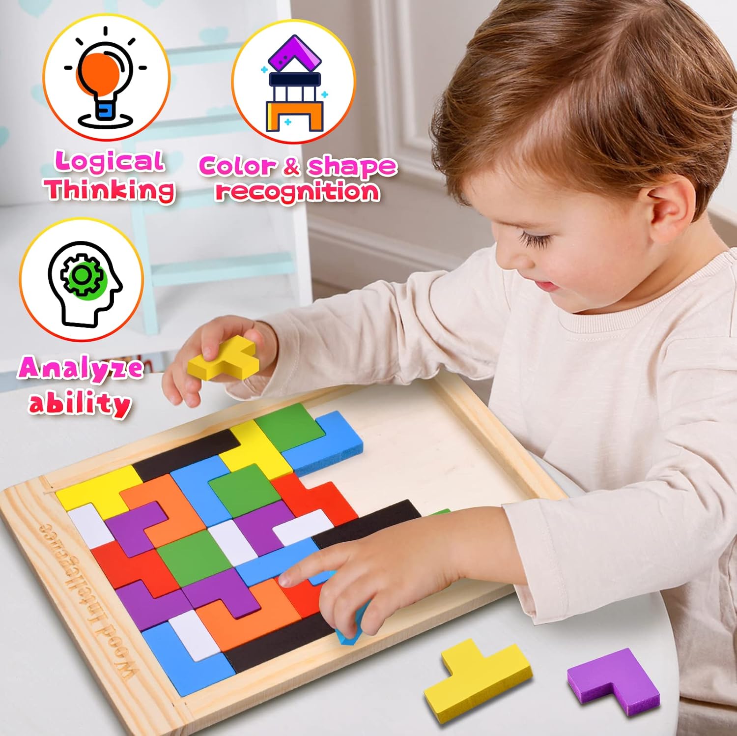 Fidtoy Casse-tête en Bois Blocs Russes, 40 Pièces Jeu de Construction en Bois Type Tetris avec Plateau, Tri de Formes Colorées Casse-tête pour le Raisonnement Spatial et la Création de Motifs, Âge 3 ans et plus
