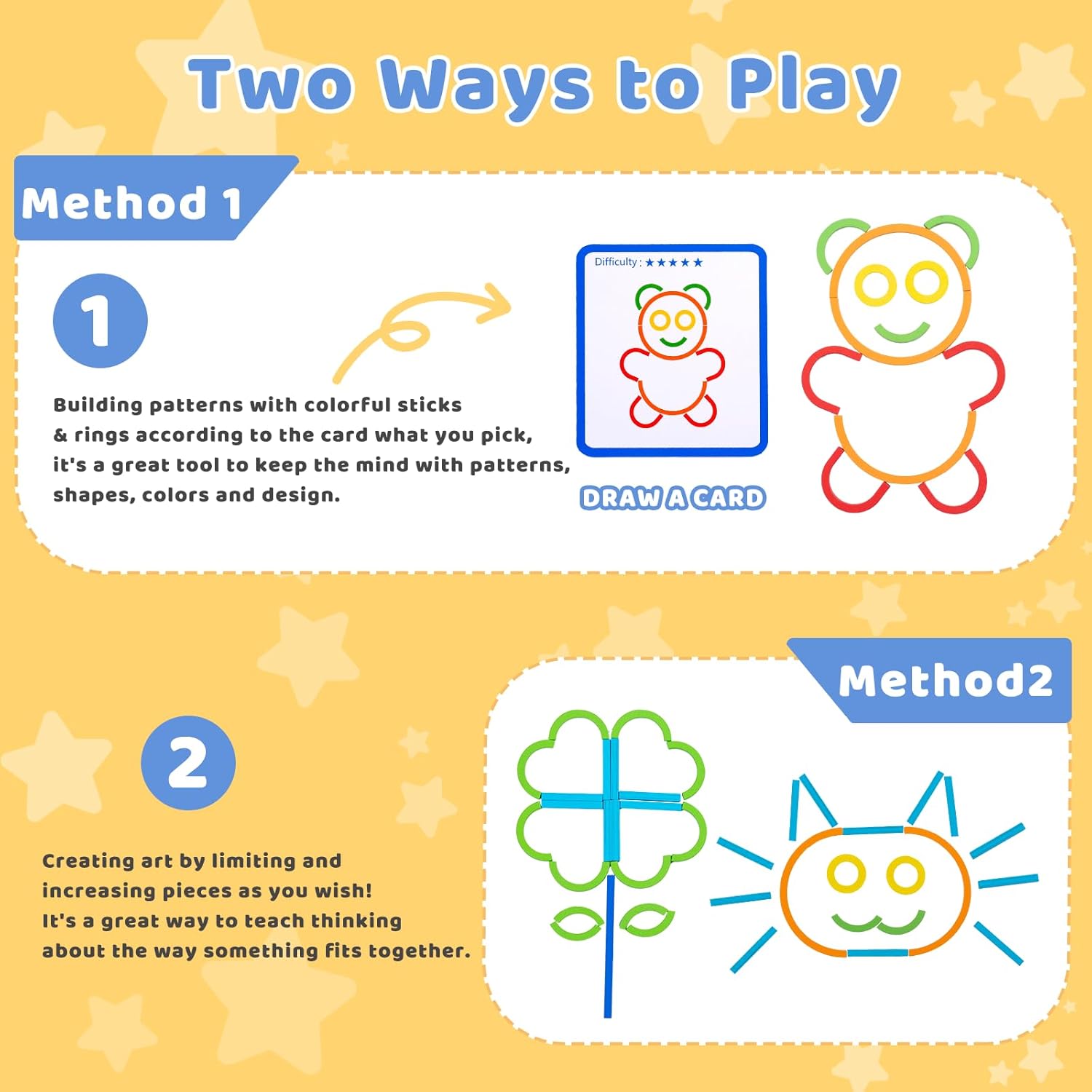 Fidtoy Wooden Sticks and Rings Pattern Matching Puzzle Cards Montessori Fine Motor Memory Toy for Kids Ages 3 to 8