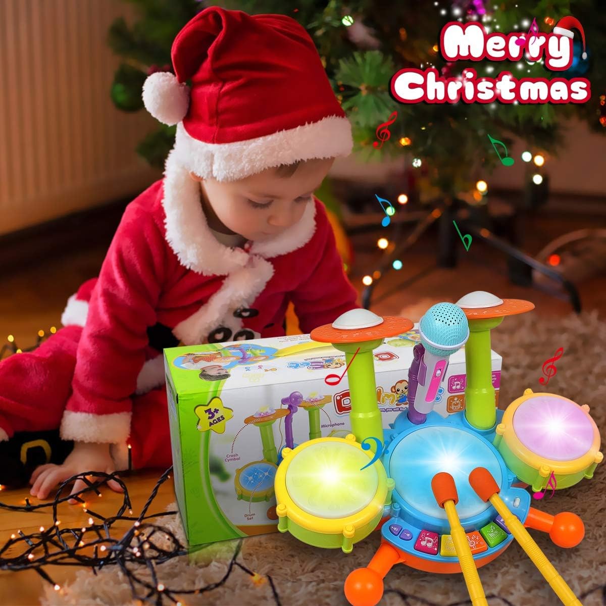 Fidtoy Batterie pour enfants avec microphone pour tout-petits – Instrument de musique avec lumières, sons et apprentissage interactif