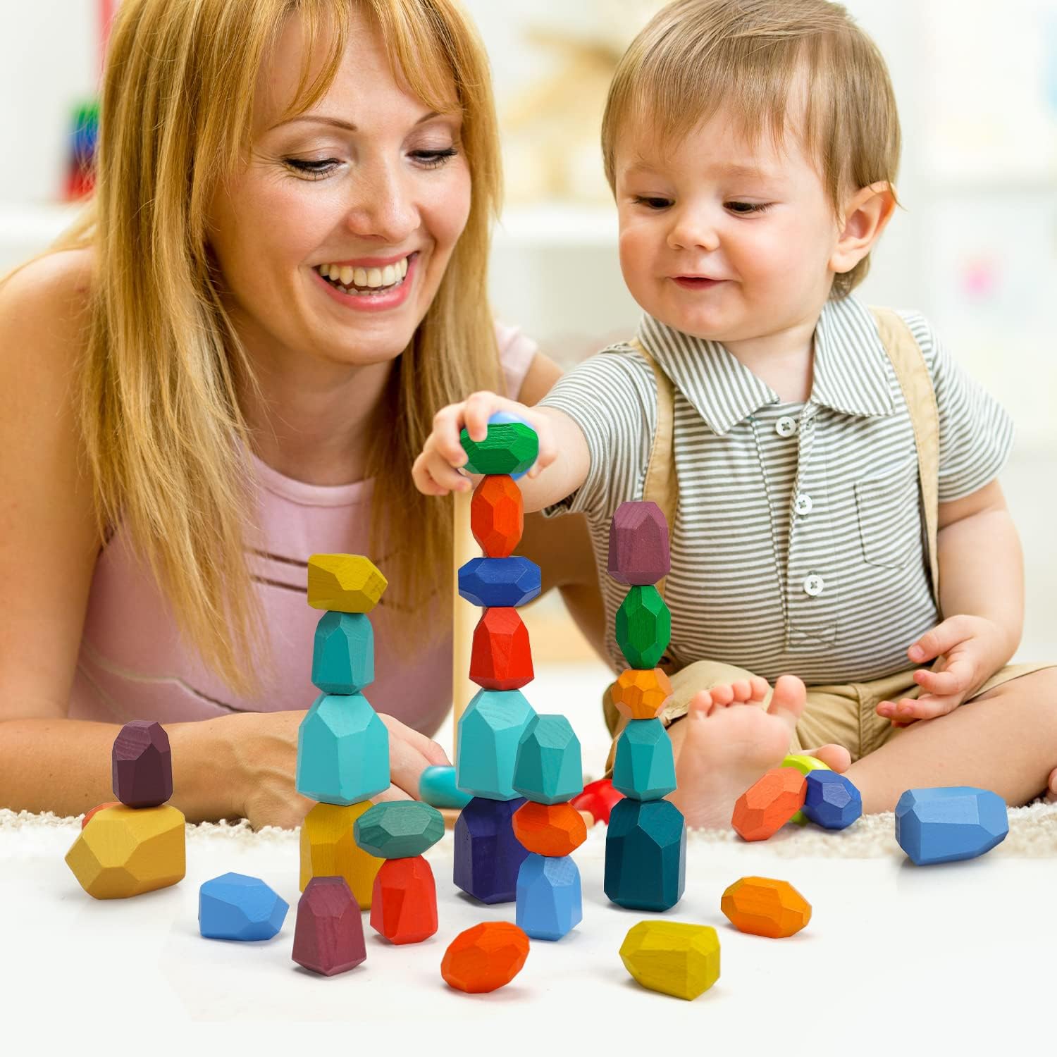 Fidtoy Wooden Rainbow Stacking Toy Set for Babies and Toddlers